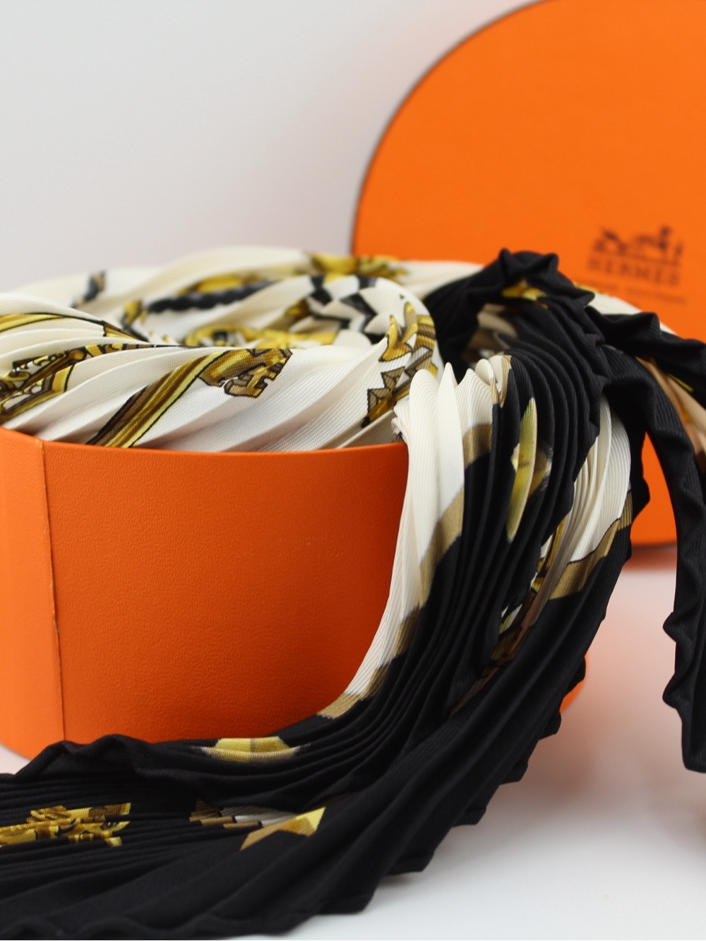 Hermes Black & White Pleated Silk Scarf